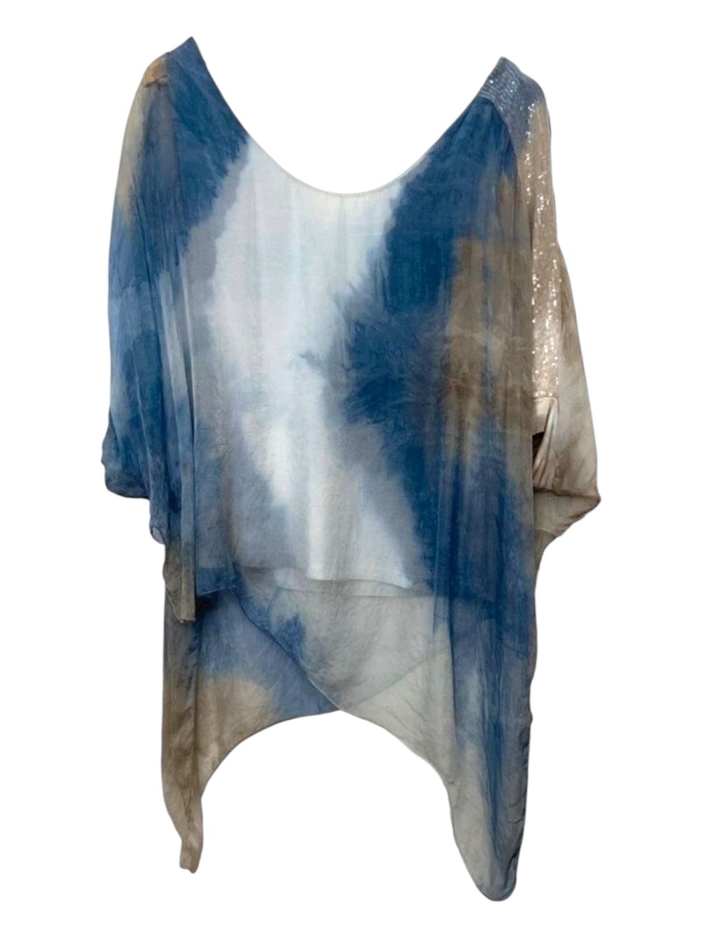 Amanti Italy 100% silk top flowy tie dye white blue beige sequins size medium